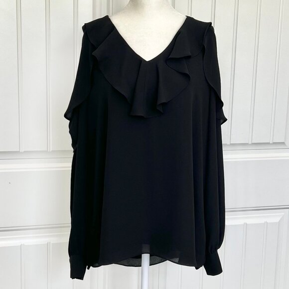 T Tahari Cold Shoulder Ruffle V-neck Long Sleeve Lined Black Tunic Blouse Sz XL - Picture 1 of 9